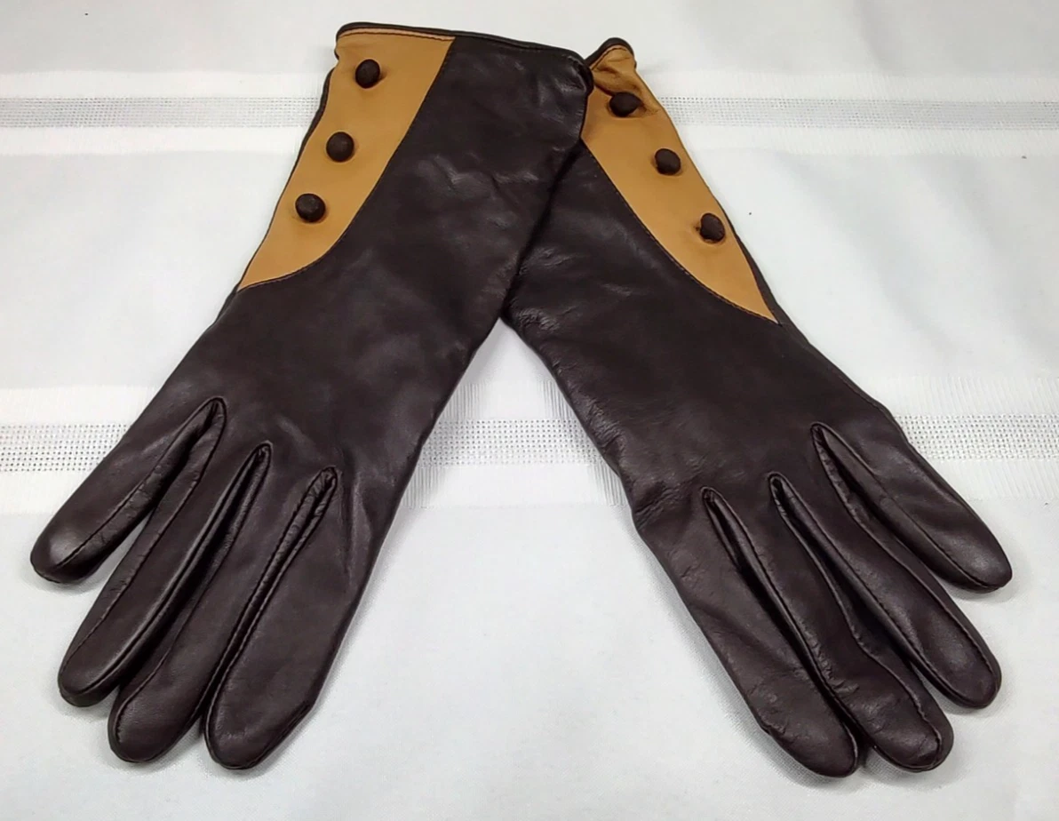 Preston & York Women Leather Gloves Brown Tan 7.5 Lined Faux Buttons NWT Driving