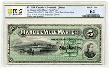 1889 $5 La Banque Ville-Marie, FACE PROOF - PCGS CHOICE UNC 64