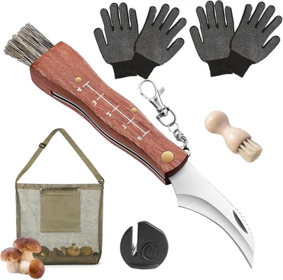 CYUAOAO Pilzmesser Set Pilzmesser Mit Bürste Und Tasche 21Cm Pilzmesser Aus Birnbaumholz