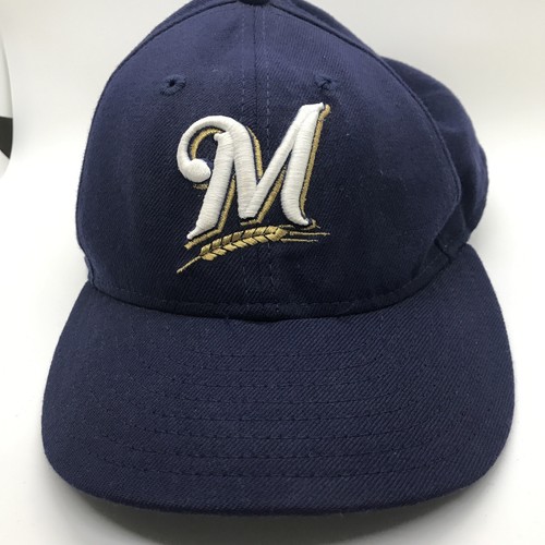 Vintage New Era Milwaukee Brewers MLB Baseball Hat Navy & Grey White Brim 7 1/4