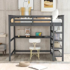 Twin/Full Size Loft Bed with Desk & Storage Shelves For Home Shool Dorm Bedroom