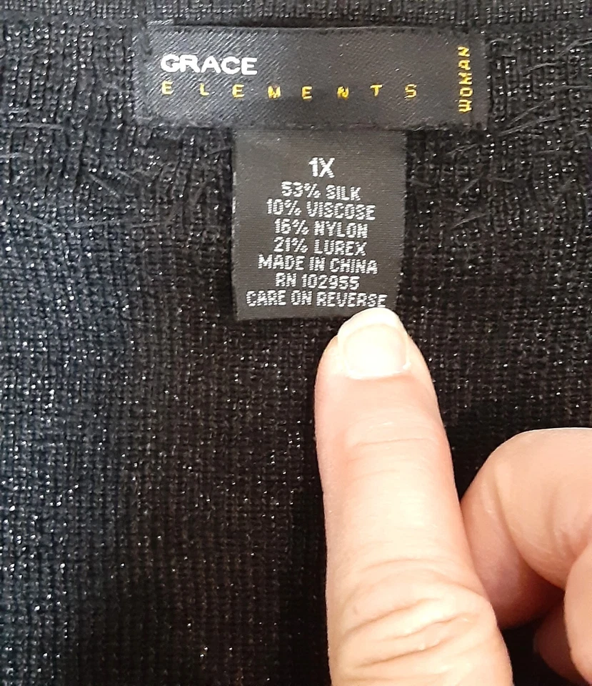 Top de mujer Grace Elements mezcla de seda talla 1x, negro, manga 3/4, pulóver Foto 4 de 4