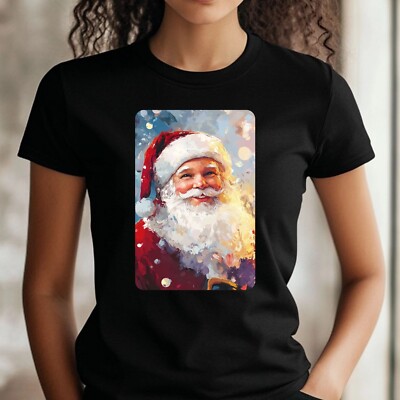 Women Santa Claus Portrait Motif Cotton T-Shirt Size XS to 3XL