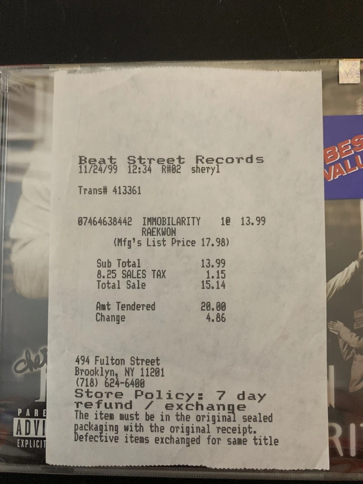 🔺RAEKWON Immobilarity cd new sealed with original receipt wu tang 👐 🐝🔺 - Image 3 of 3