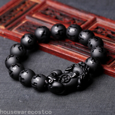 Natural Obsidian Pixiu Beaded Bracelet Black Jades Bead Bangle LuckGift