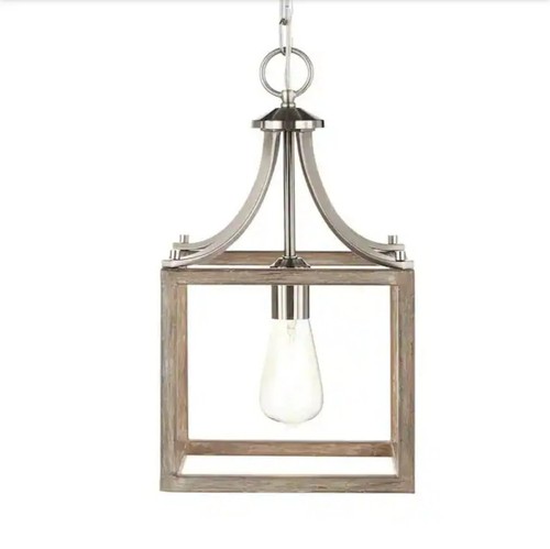 Hampton Bay Boswell Quarter 1-Light Brushed Nickel Mini-Pendant w/Weathered Wood