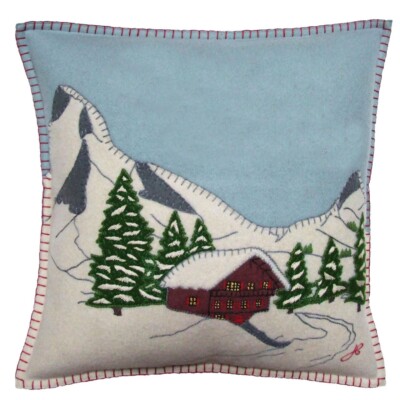 NEW Jan Constantine Hand Embroidered Felted Wool Alpine Chalet Cushion Cover NWT