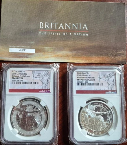2019 UK £2 Set of 2 Silver Proof Coins Britannia - 1st Releases, NGC PF69, #338
