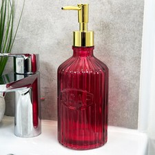 Pink Soap Dispenser 500ml Eclectic Ribbed Glass Gold Pump Bathroom Accessory