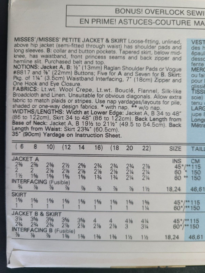 Uncut Vtg Vogue 7567 Easy Sew Pattern Career Suit Skirt Blazer Jacket