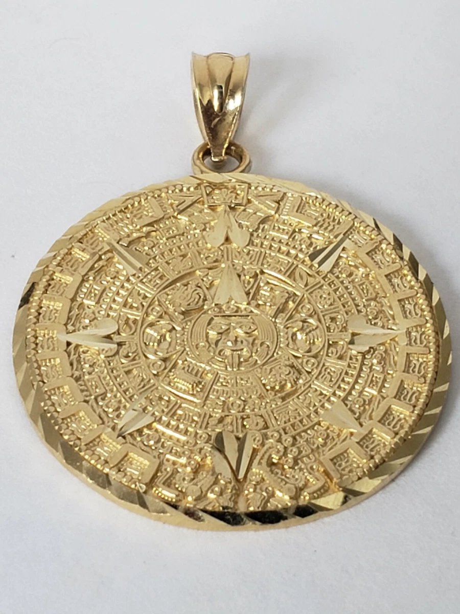 14k yellow gold aztec calendar pendant charm 1.25 inch long Mayan