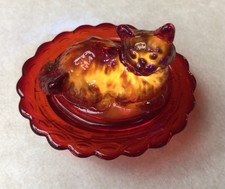 Mosser Glass Red Cat on Nest Miniature Covered Dish Salt Cellar GLOWS