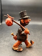 Vtg Wood Carved Man Holding a Knapsack & Top Hat German Black Forest Hobo Figure