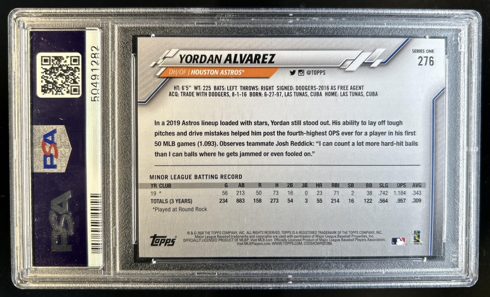 2020 Topps Yordan Alvarez RC Variation Rookie #276a Astros PSA 9 view 2