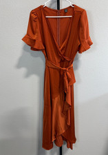 Shein Womens Solid Flounce Sleeve Belted Wrap Midi Dress Burnt Orange Sz 8/10