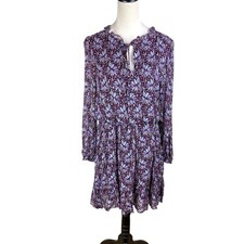 Karen Kane NWT M Purple & Black Metallic Gold Long Sleeve Tiereed Blouson Dress
