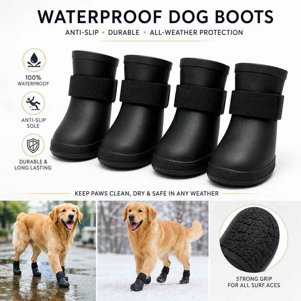 Dog Rain Boots 4Pcs Waterproof Anti-Slip Rubber Ankle Shoes Small Med Large - Image 4 of 4