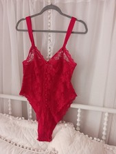 Vintage Honors Intimates Red Satin Lace Snap button Teddy Lingerie Medium sheer