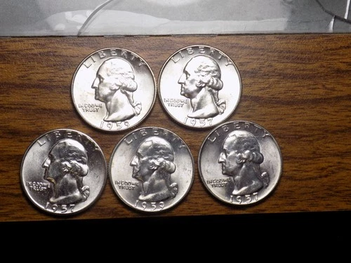WASHINGTON QUARTERS LOT OF 5 GEM BU UNCS FRM ROLLS 57 AND 59 $1.25 FACE 90%