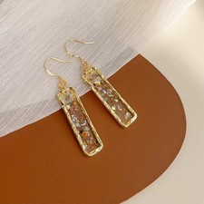 14ct Gold Plated Geometric Dangle Bar Drop Earrings Mother of Pearl Abalone