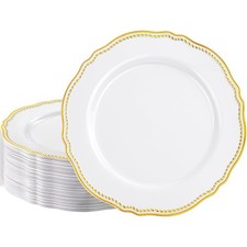 Hioasis 60pcs Gold Plastic Plates - White and Gold Disposable Dinnerware with...