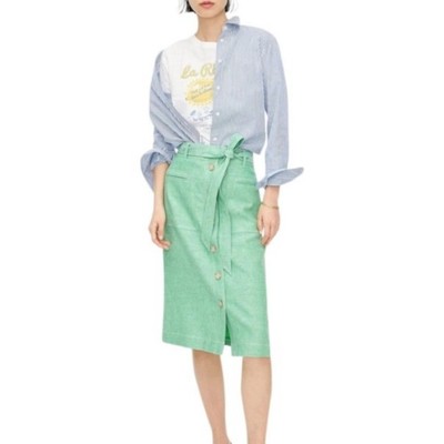 J. Crew Button-Front Skirt Stretch Linen Green Tie Waist Knee Length Size 4 Tall