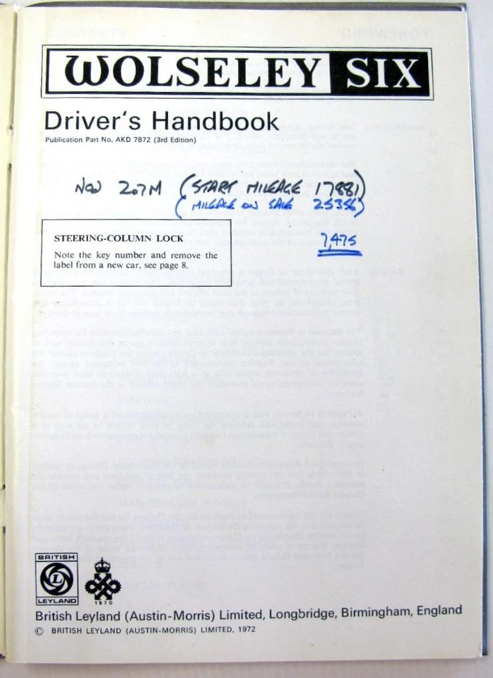 WOLSELEY SIX 1972 AKD 7872 3rd Ed. 1800 Land Crab Original Owners Car Hand book - Image 2 of 4
