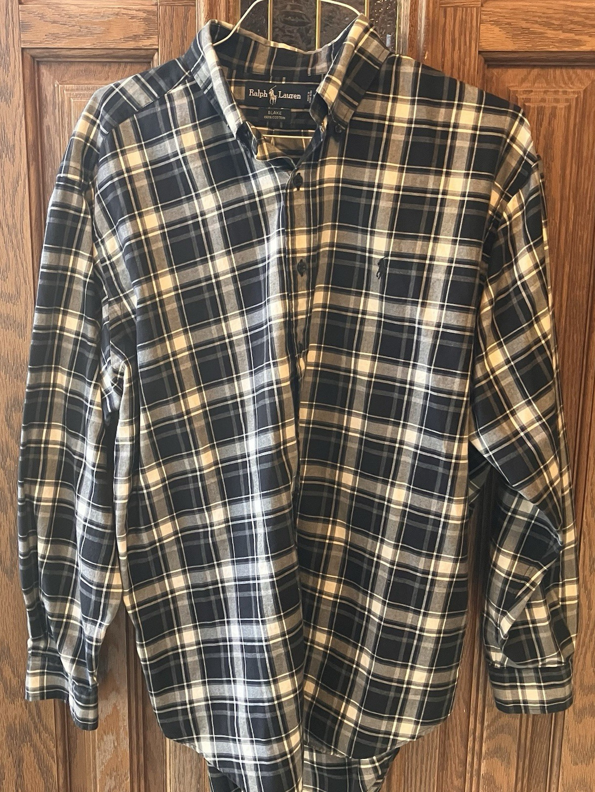 VTG Polo Ralph Lauren Blake Button Down Shirt Men Large Black Plaid Cotton Pony