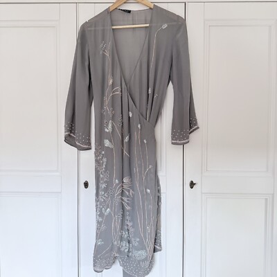 Nougat London- 100% Silk Grey & silver beaded and embroidered wrap dress |  eBay UK