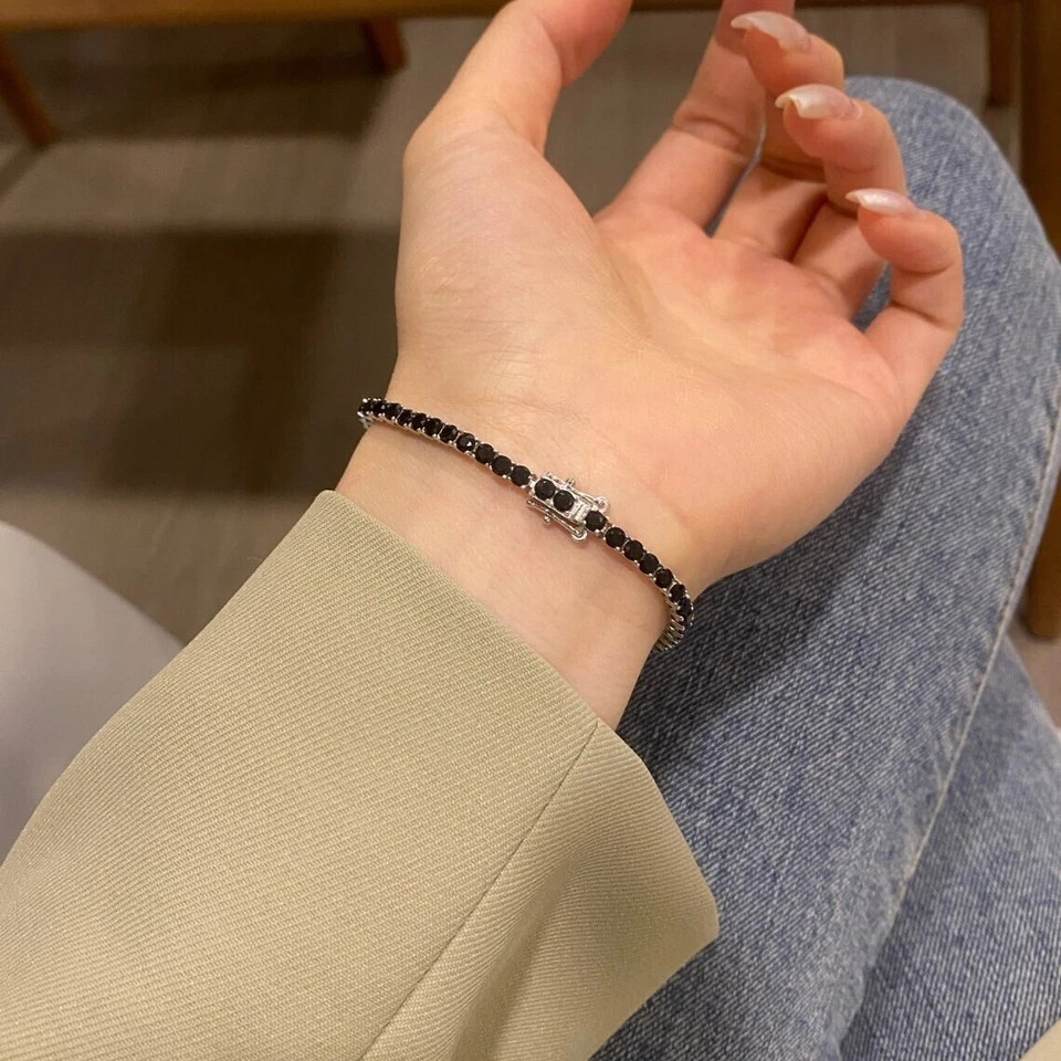 Теннисный браслет 4 мм круглый созданный в лаборатории черный бриллиант - 7,5 дюйма 14 карат белое золото более 925 - Изображение 2 из 4