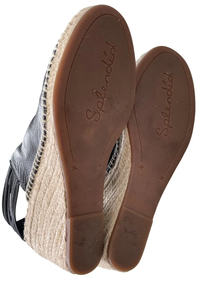 Espléndidas Sandalias de Cuña Alpargata Simon Talla 9 Punta abierta Cordones Cuero Negro Foto 3 de 4