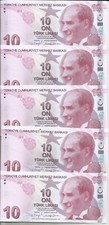 TURKEY LOT 5x 10 LIRA 2020 SERIAL F. P 223. UNC. 5RW 23GEN