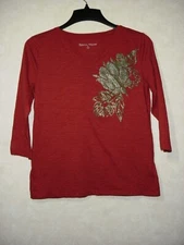 Rebecca Malone Top Women M Red V-Neck Embellished 3/4 Sleeve
