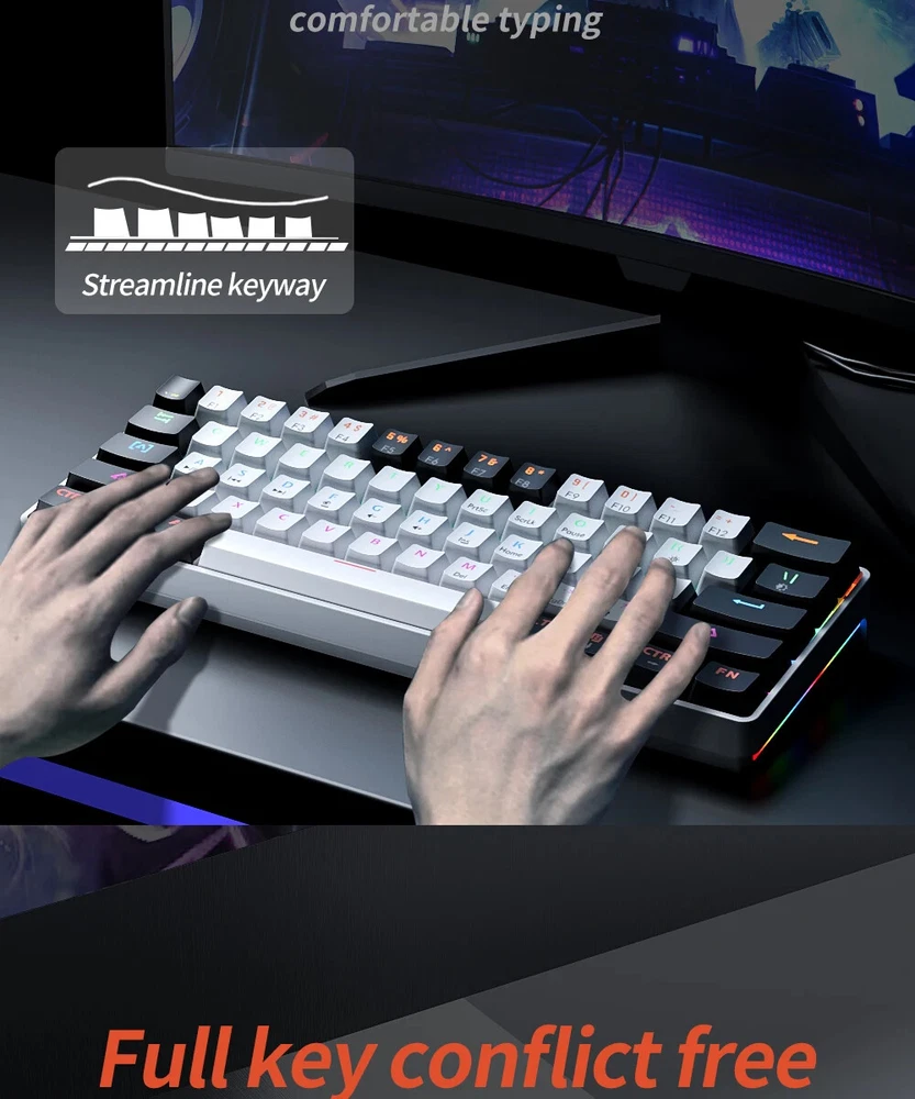 Hot Swappable 61-Key RGB Gaming Keyboard with Red Switches and Wired US Layout