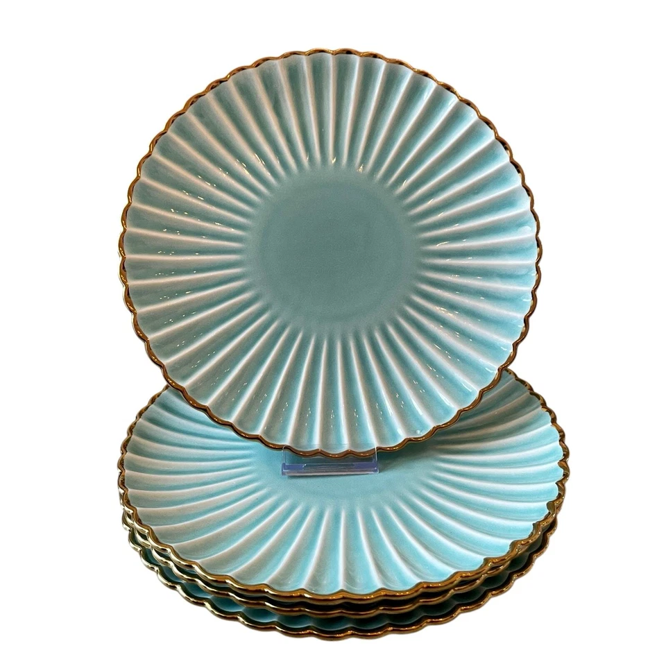 Aqua Ceramic Dinner Plates 11" Turquoise Scalloped Edge Gold Accent Set of 4 New - Image 2 of 4