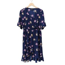Navy Floral Dress Womens M Pink Orange Faux Wrap Deep V Elastic Waist Loramendi