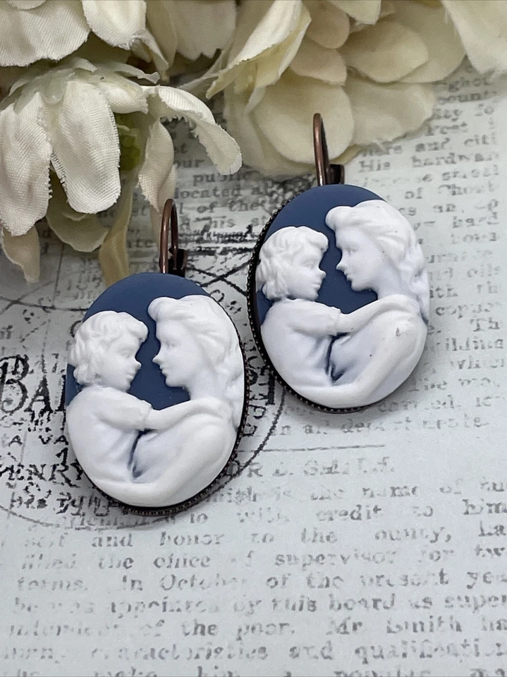 Pendientes Camafeo Cumpleaños Oro Rosa Mamá Bebé Niño Azul Regalo Set Madre Niño Foto 2 de 4