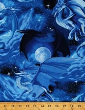 Cotton Blue Dragon Animals Night Sky Stars Blue Fabric Print by the Yard D651.22