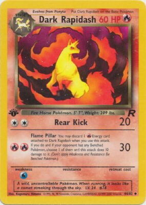 1995 dark rapidash pokemon card value 2000 Team Rocket 1st Edition 44 (Dont apply Weakness and Resistance for Benched Pokémon.) Weakness Water ×2 Artist Pokemon Dark Rapidash # 44/82