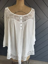 Naif White  Semi Sheer Lace Romantic Peasant Shirt Top Kimono Sleeve  Womens 2X