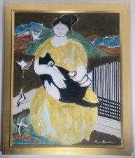 Vintage Original Oil Painting Woman Cat Fantastic HUGE FINE Fumi Komatsu Signed