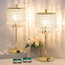 Crystal Table Lamp Set of 2, 3-Way Dimmable Nightstand Lamp with 2 USB Charging
