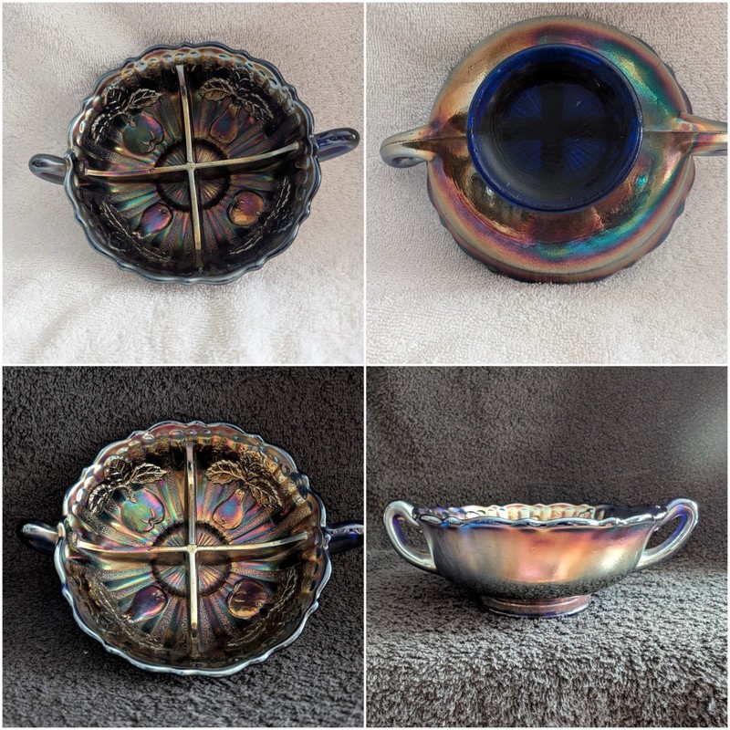 Fenton 1912c Blue Carnival Two Fruits Divided Handled Bon Bon              (A)