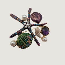 Nautical Starfish Seashell Brooch Pin Purple Green Enamel Rhinestone Pearl 2.5"