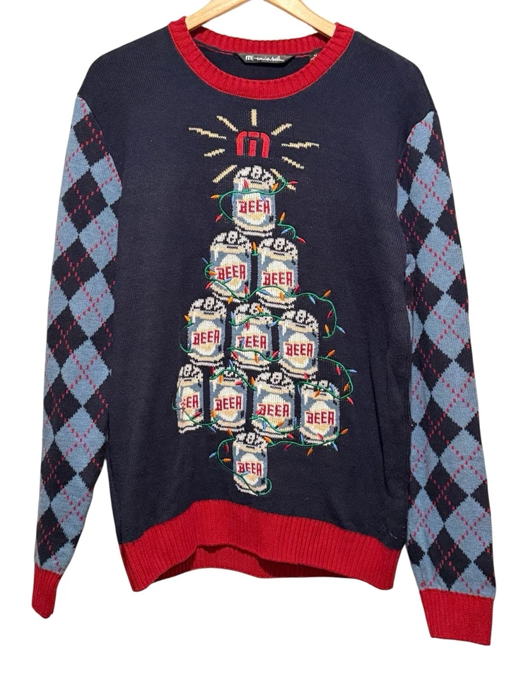 Travis Mathew Mens Medium Ugly Christmas Beer Can Tree Blue Argyle Golf Sweater - Image 3 of 4