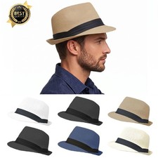 For Unisex Summer Straw Fedora Hat Trilby Cuban Sun Cap Panama Short Brim Floral