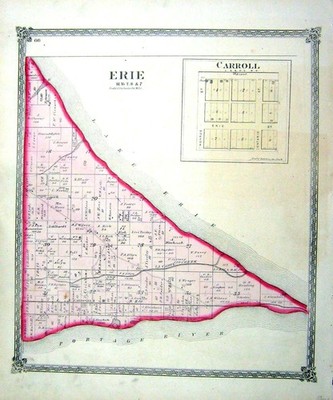 Original alter antiker Druck Karte Straßenplan Carroll Erie La Carpe Creek Amerika