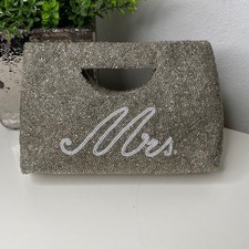 Tiana NY Silver Beaded "Mrs" Clutch Wedding Bridal Evening Bag Cutout Handle