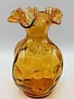 Vintage Fenton Amber Glass Vase 7"H Coin Dot Pinched Shape Double Ruffle Top