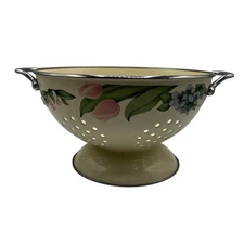 Enamel Colander Floral Tulips Vintage Cream Kitchen Strainer with Handles